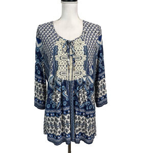 One World Blouse Tunic size Large Blue Floral Lace Stretch Peasant Boho Hippie